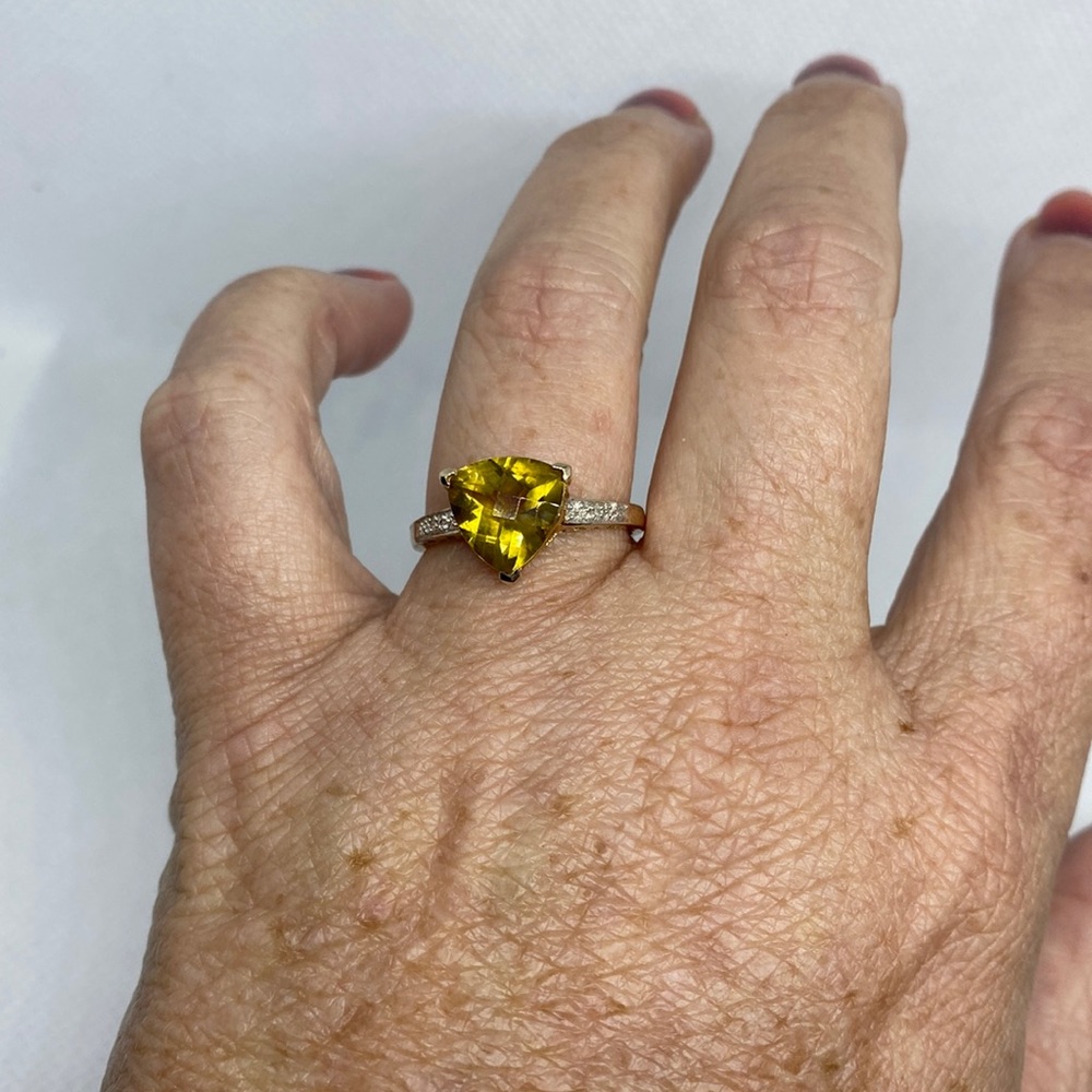 Unique Trillion Shaped Citrus Colored Solitaire Ring, Size 9